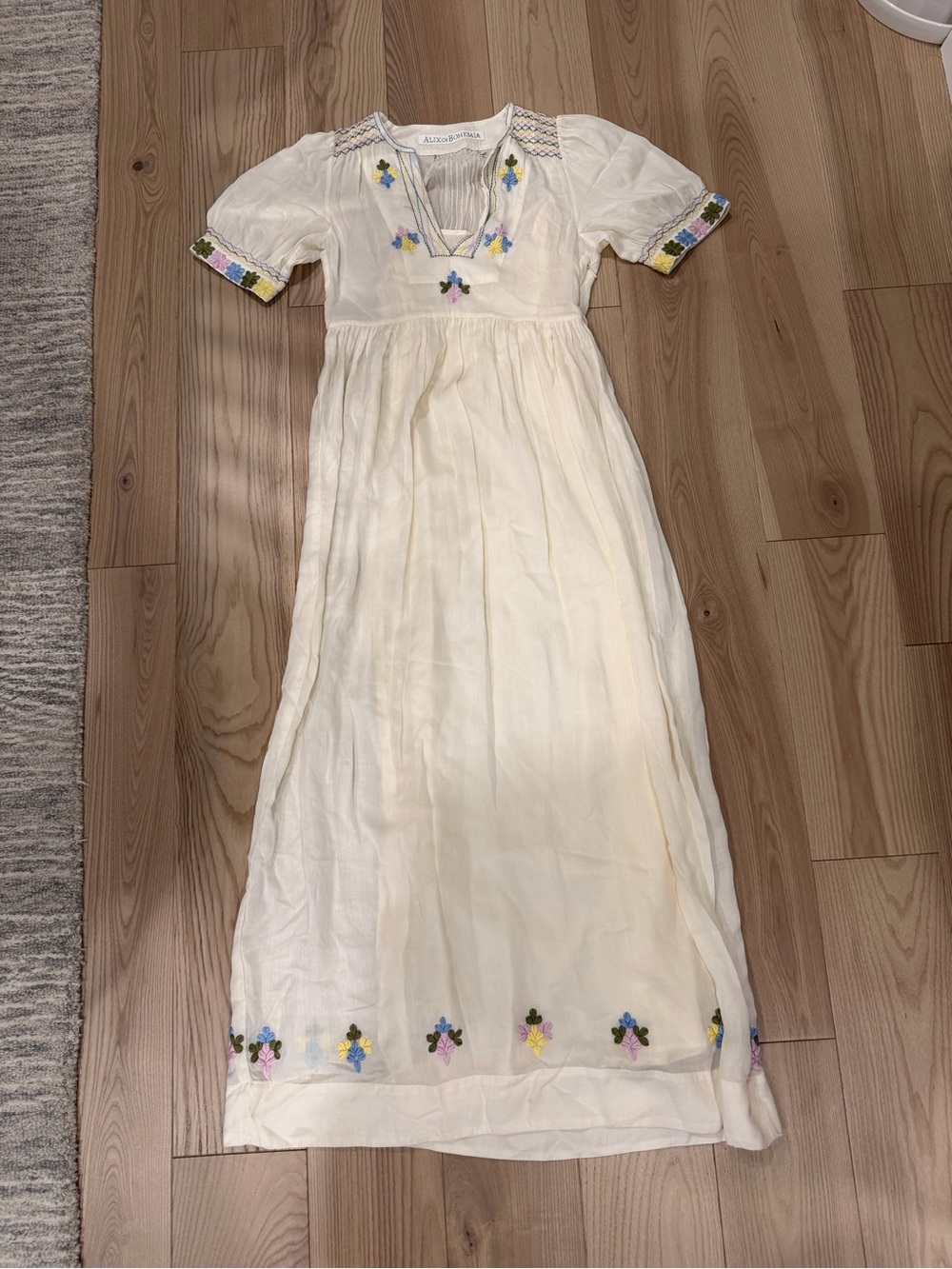Alix of Bohemia Ivory Embroidered Floral Linen Midi Dress Boho Cottagecore